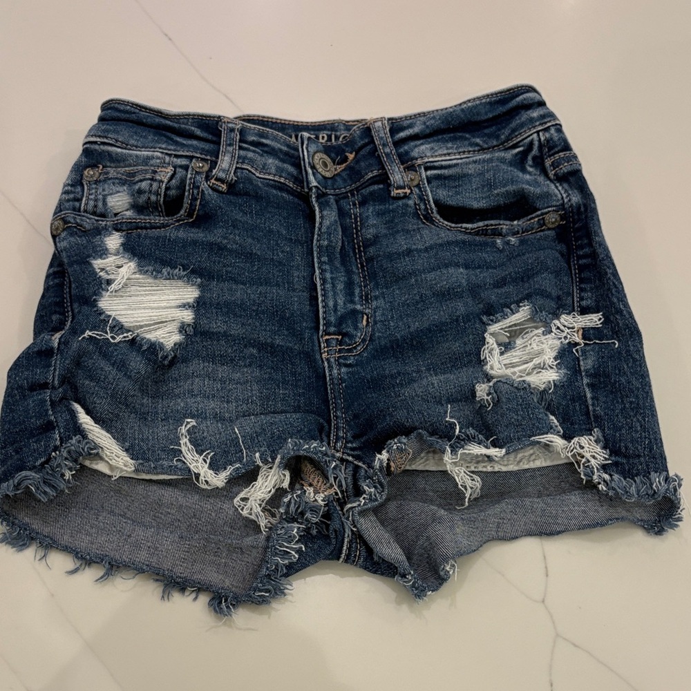 American Eagle Outfitters Dark Blue Distressed Jean Shorts